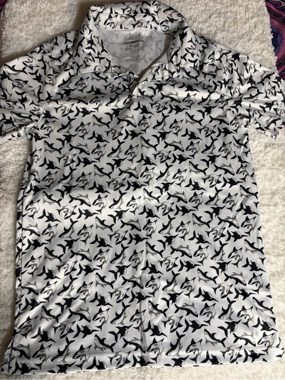 Kids White Polo Shirt with Black Shark Print